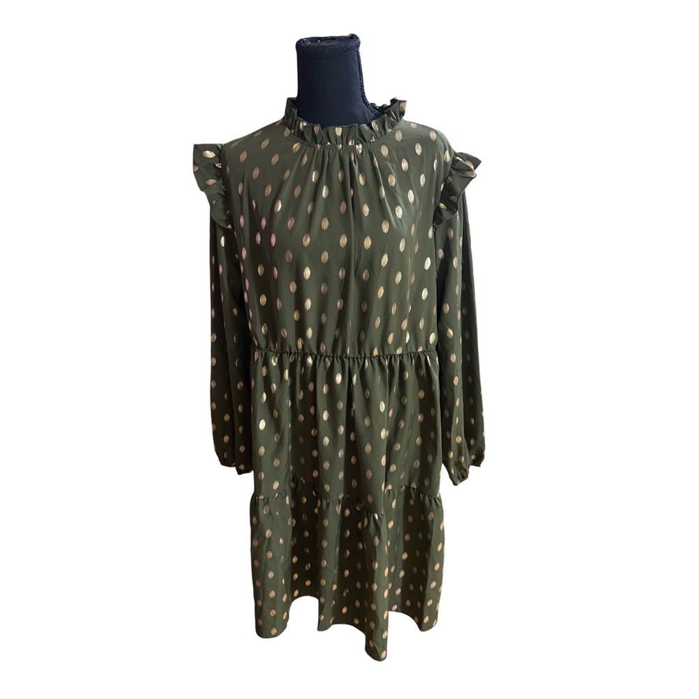 Shein Curve Olive Green Gold Metallic Polka‎ Dot Ruffle Tiered Mini Dress 1XL
